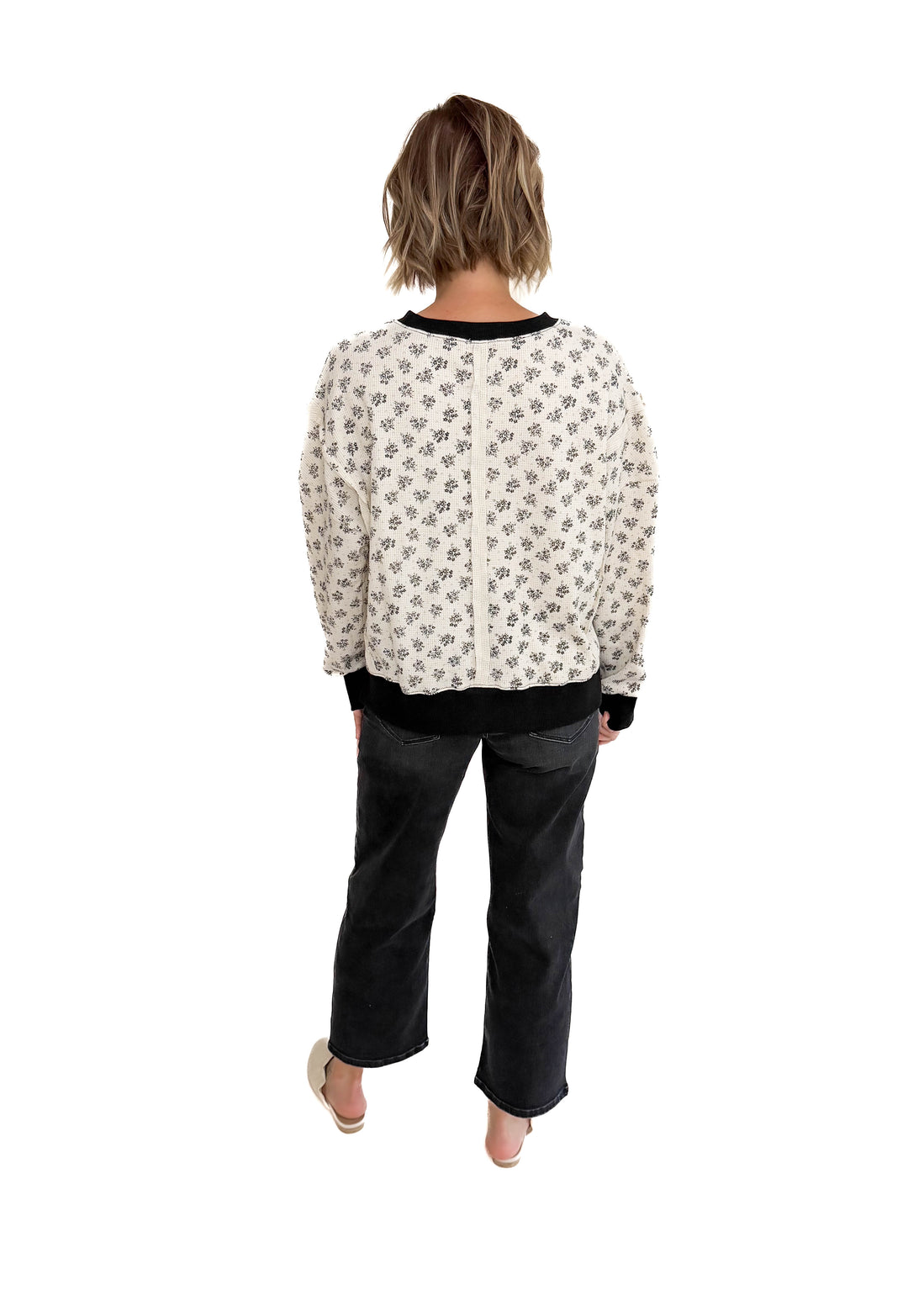 Elsa Vintage Floral Thermal Pullover- IVORY/BLACK-FINAL SALE