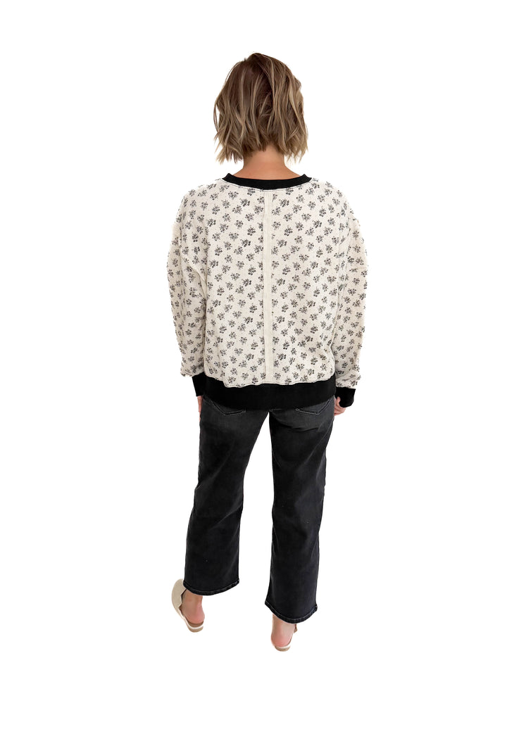 Elsa Vintage Floral Thermal Pullover- IVORY/BLACK-FINAL SALE