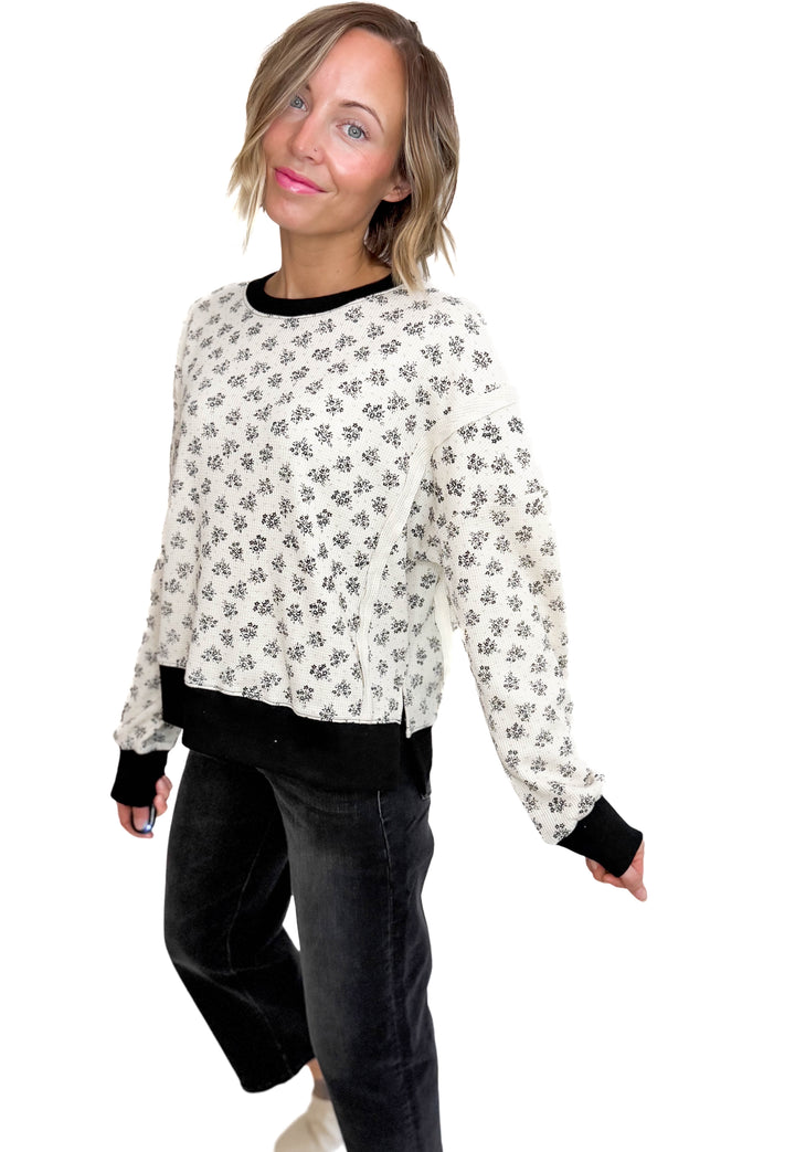 Elsa Vintage Floral Thermal Pullover- IVORY/BLACK-FINAL SALE