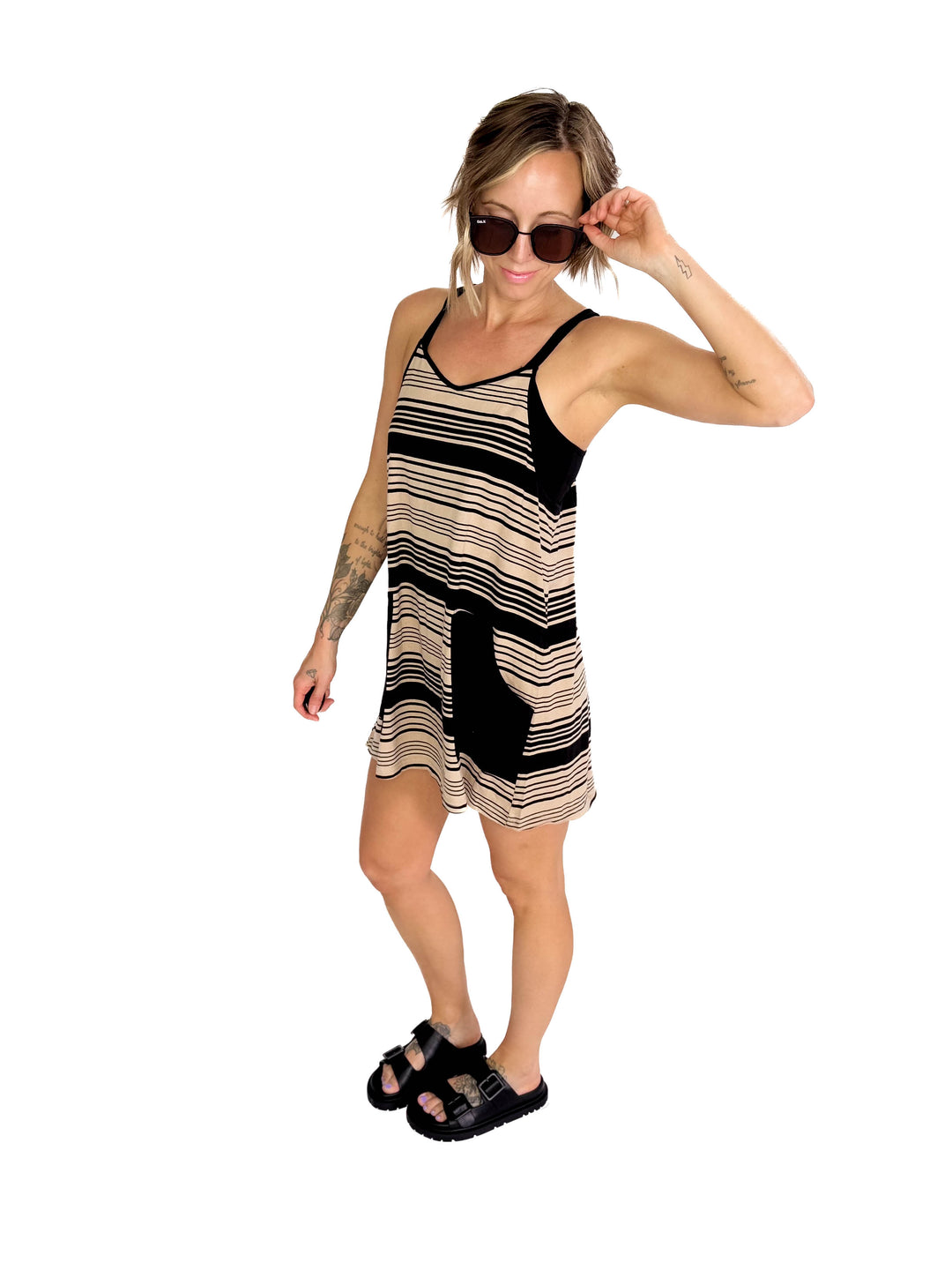 Malika V-Neck Striped Romper Dress- BLACK/MOCHA-FINAL SALE
