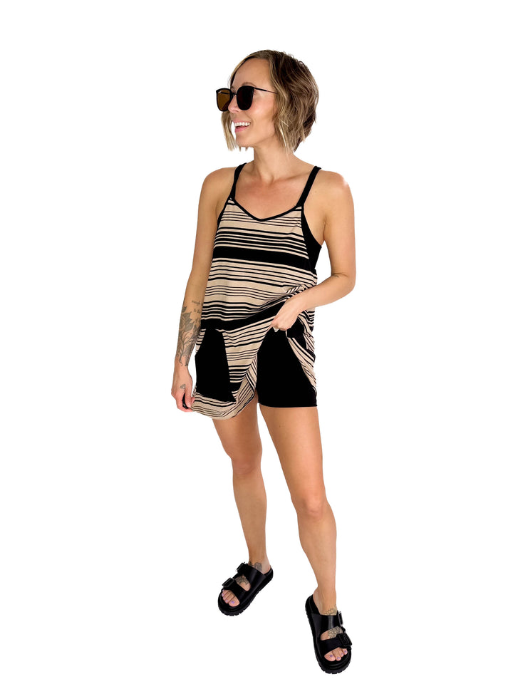 Malika V-Neck Striped Romper Dress- BLACK/MOCHA-FINAL SALE