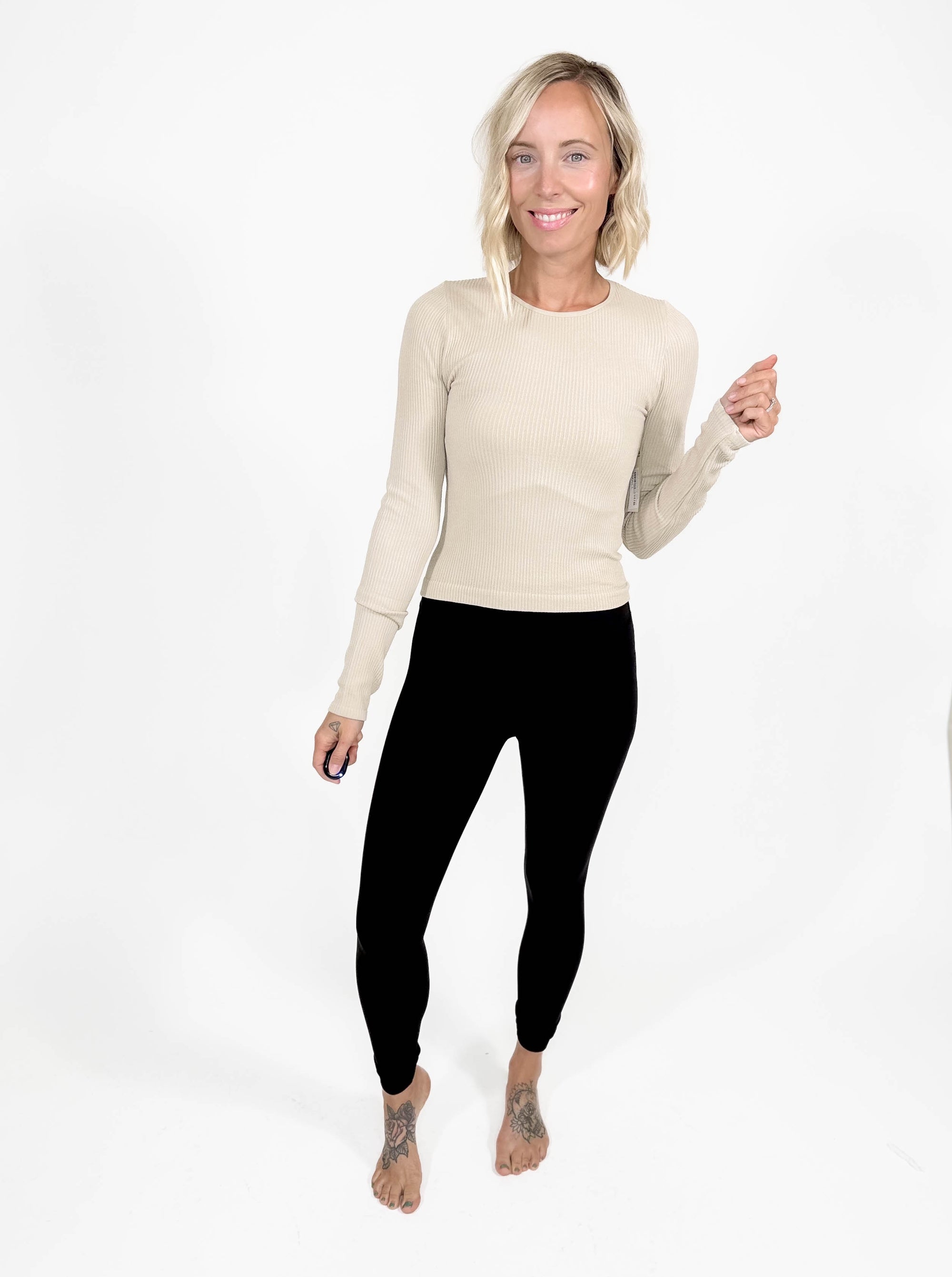 MONO B Calista Seamless Ribbed Long Sleeve- OAT MILK