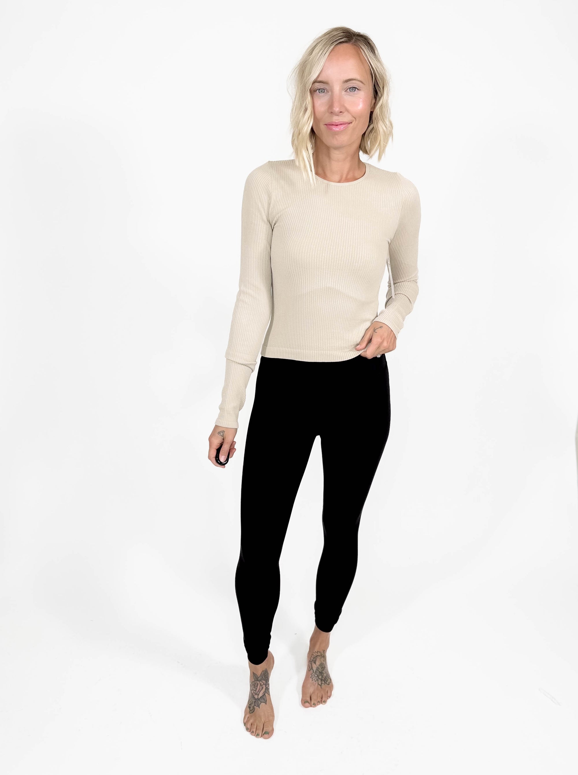 MONO B Calista Seamless Ribbed Long Sleeve- OAT MILK