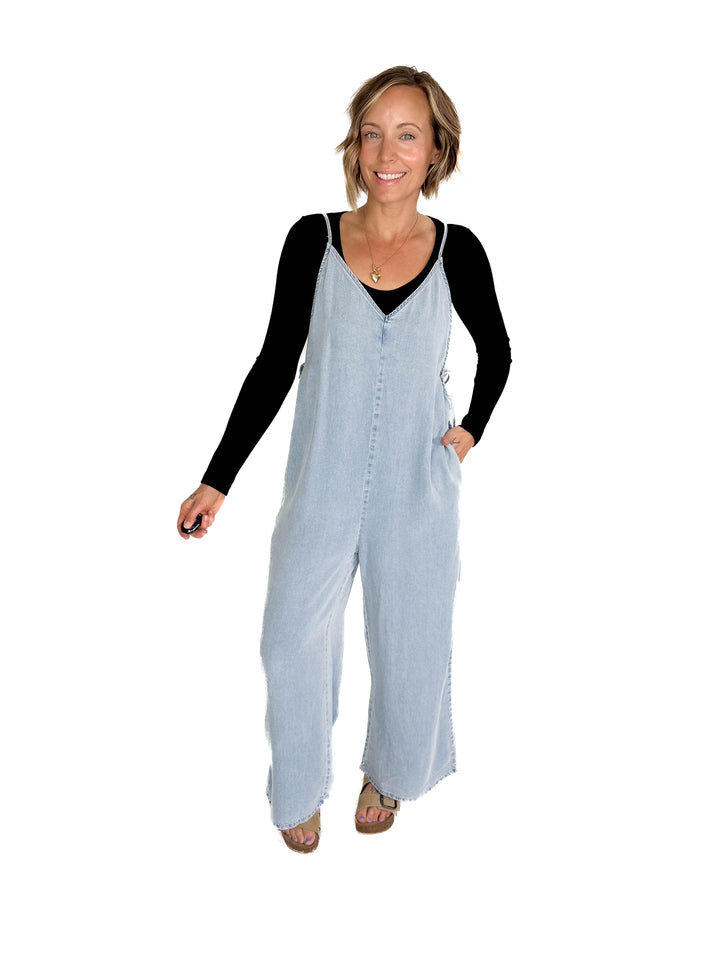 Sophia V-Neckline Wide Leg Tencel Denim Jumpsuit- LIGHT DENIM-FINAL SALE