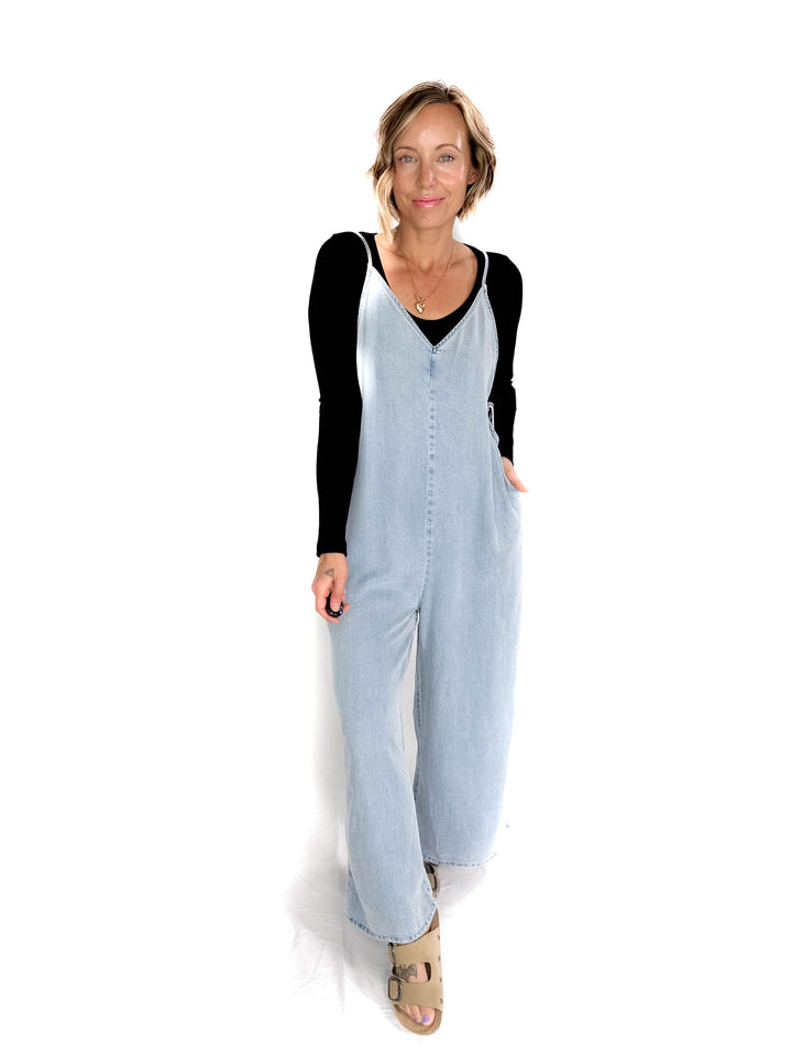 Sophia V-Neckline Wide Leg Tencel Denim Jumpsuit- LIGHT DENIM-FINAL SALE