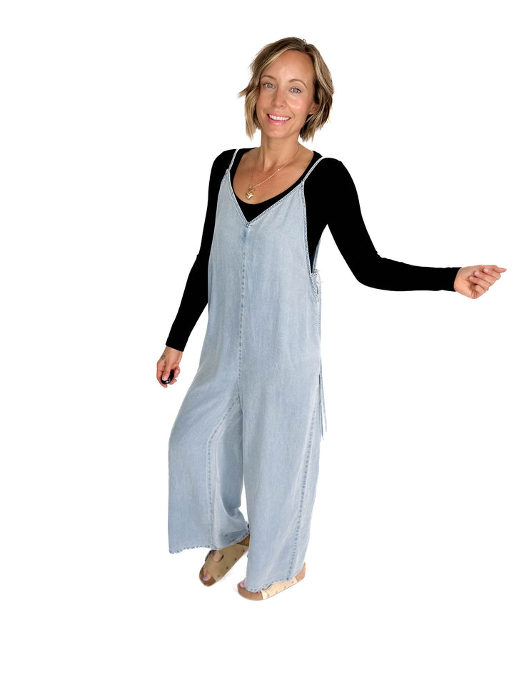Sophia V-Neckline Wide Leg Tencel Denim Jumpsuit- LIGHT DENIM-FINAL SALE