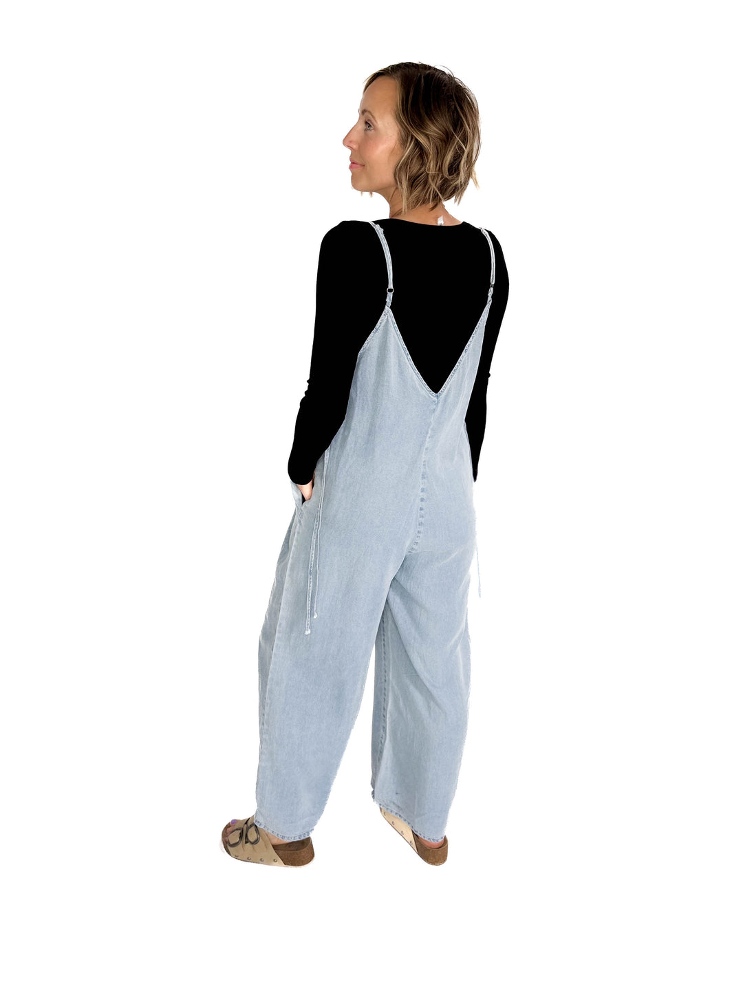 Sophia V-Neckline Wide Leg Tencel Denim Jumpsuit- LIGHT DENIM-FINAL SALE