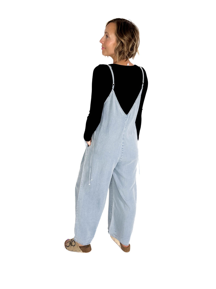 Sophia V-Neckline Wide Leg Tencel Denim Jumpsuit- LIGHT DENIM-FINAL SALE