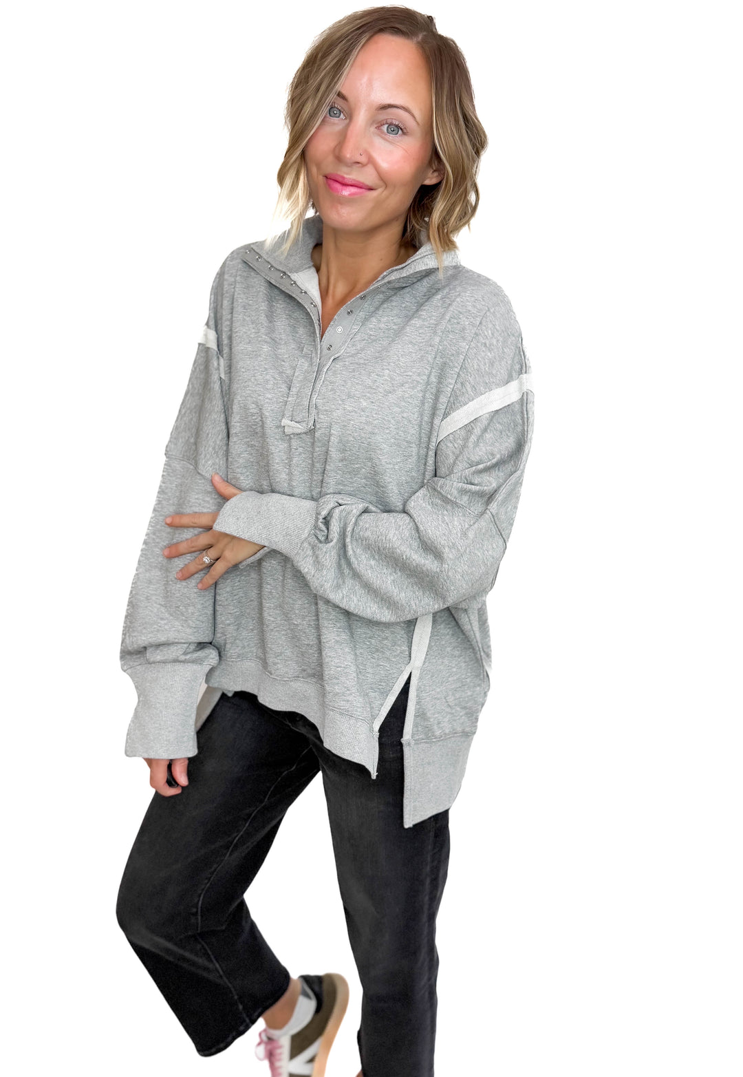 Nolan Snap Henley Pullover- HEATHER GREY