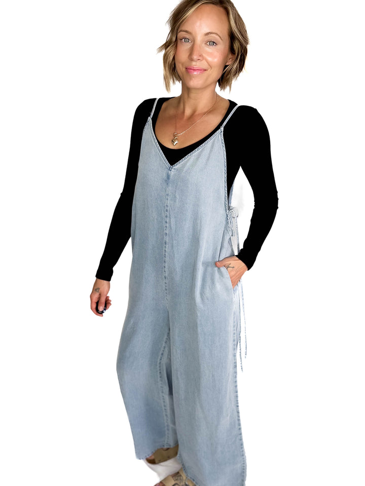 Sophia V-Neckline Wide Leg Tencel Denim Jumpsuit- LIGHT DENIM-FINAL SALE