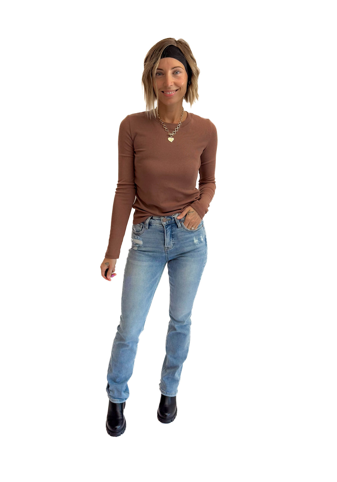 RISEN Carrie High Rise Straight Leg Tummy Control Jeans- MEDIUM WASH