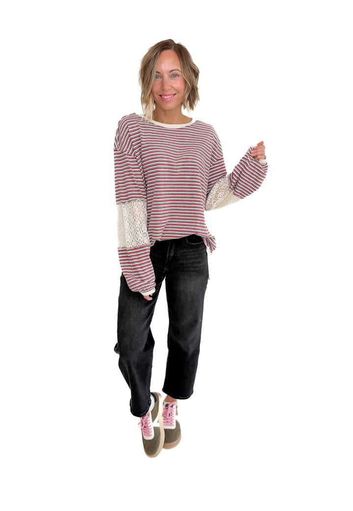 Alice Striped Tunic Pullover- RED TEAL