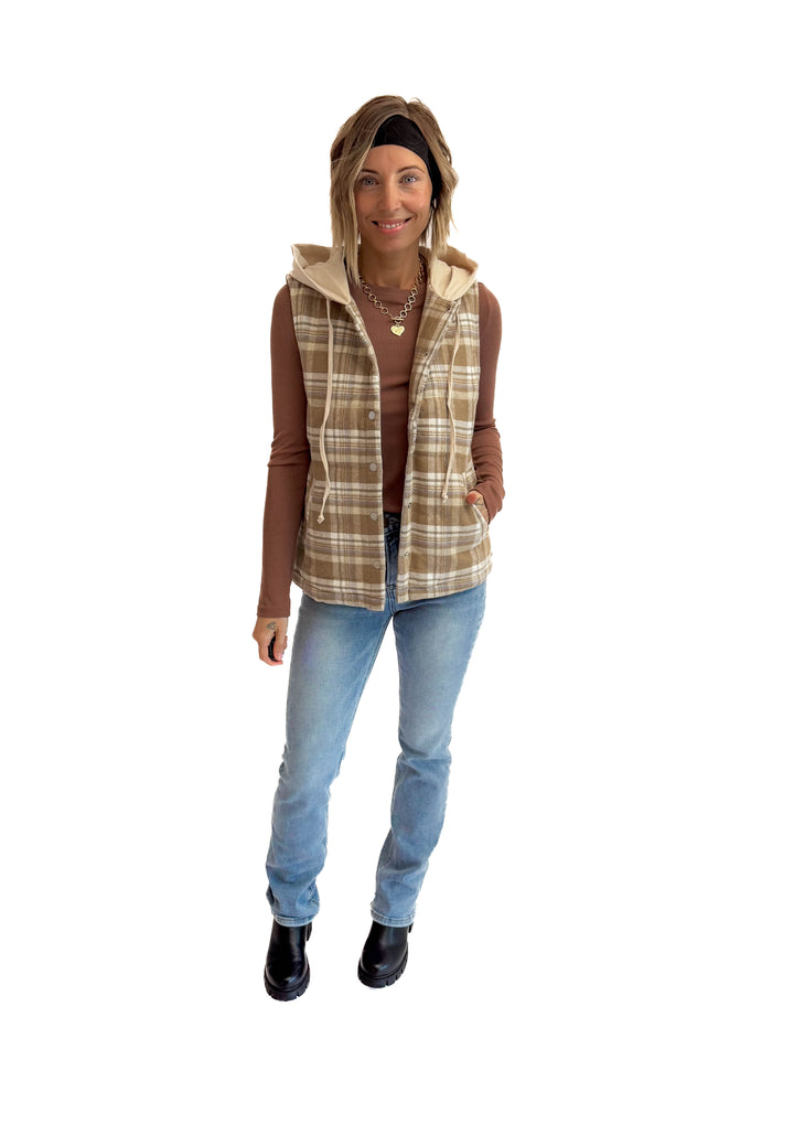 Willow Plaid Hoodie Vest- TAUPE