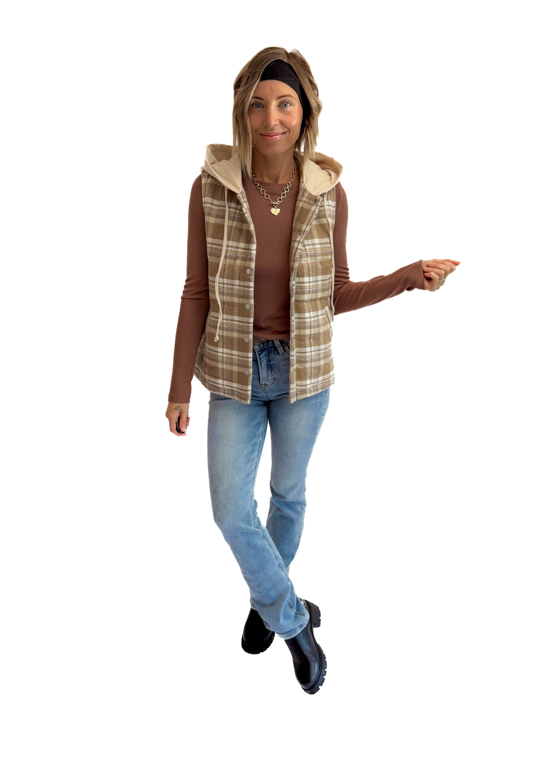 Willow Plaid Hoodie Vest- TAUPE