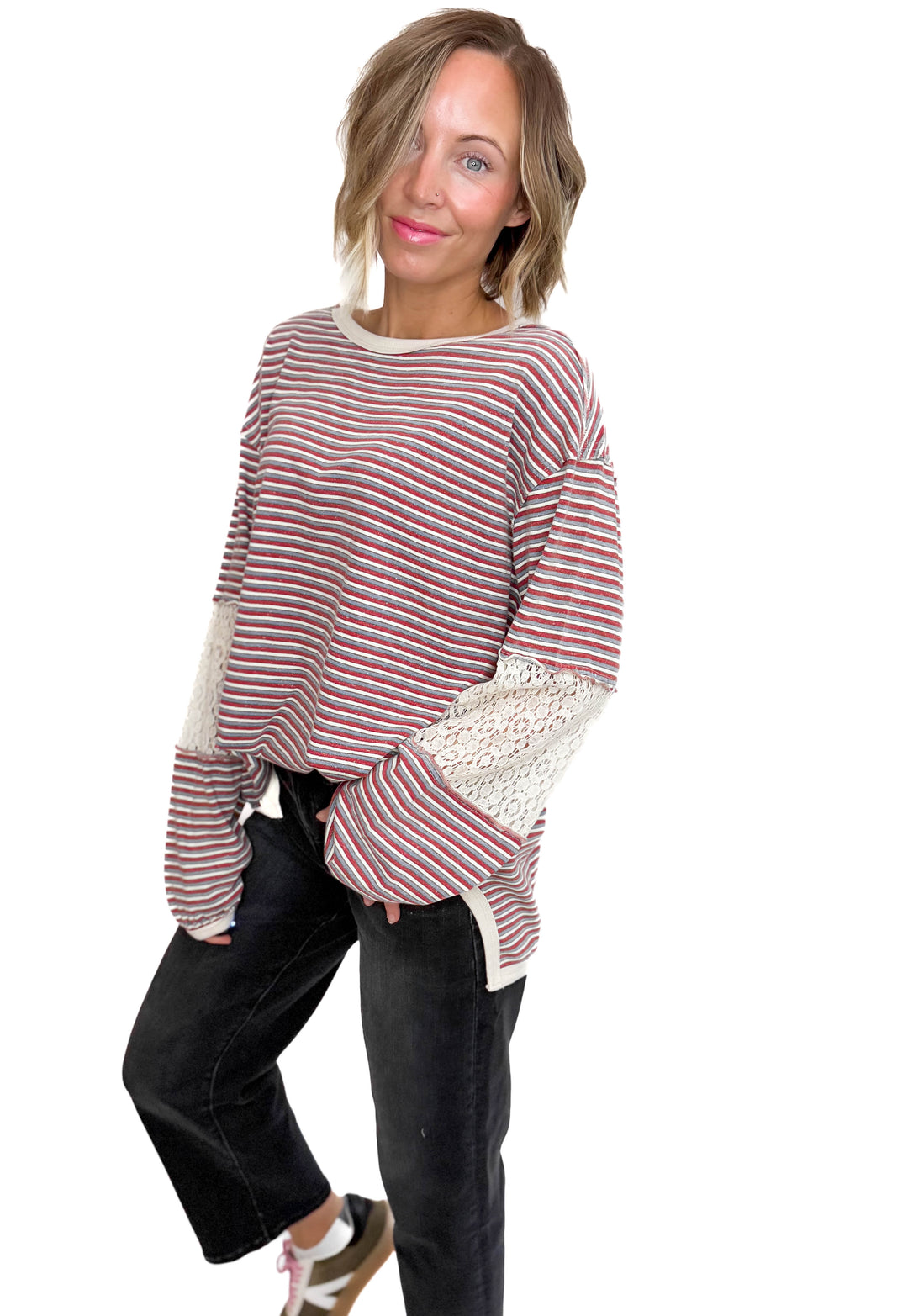 Alice Striped Tunic Pullover- RED TEAL
