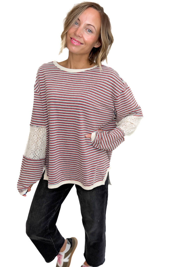 Alice Striped Tunic Pullover- RED TEAL