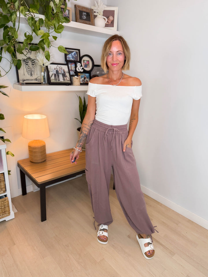 Goldie Cotton Gauze Harem Jogger- MUSHROOM