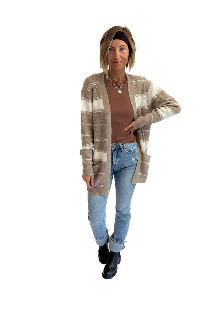 Anvil Striped Pocket Cardigan- CREAM/MOCHA
