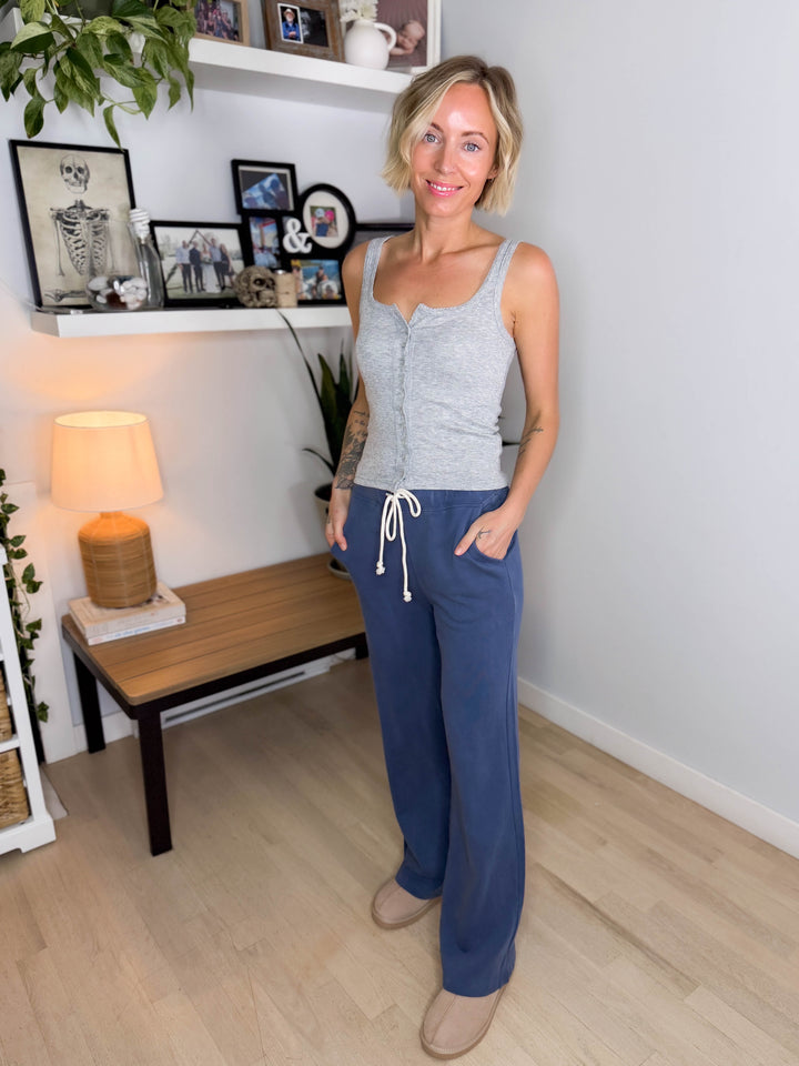 MONO B Sophia Salt Wash Cotton Straight Leg Pants- OCEAN