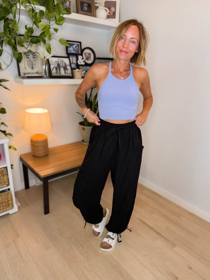 Goldie Cotton Gauze Harem Jogger- BLACK