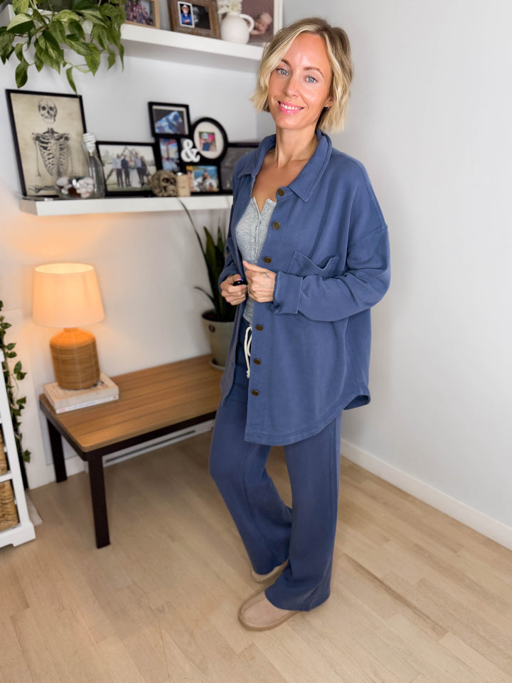 MONO B Sophia Salt Wash Cotton Shacket- OCEAN