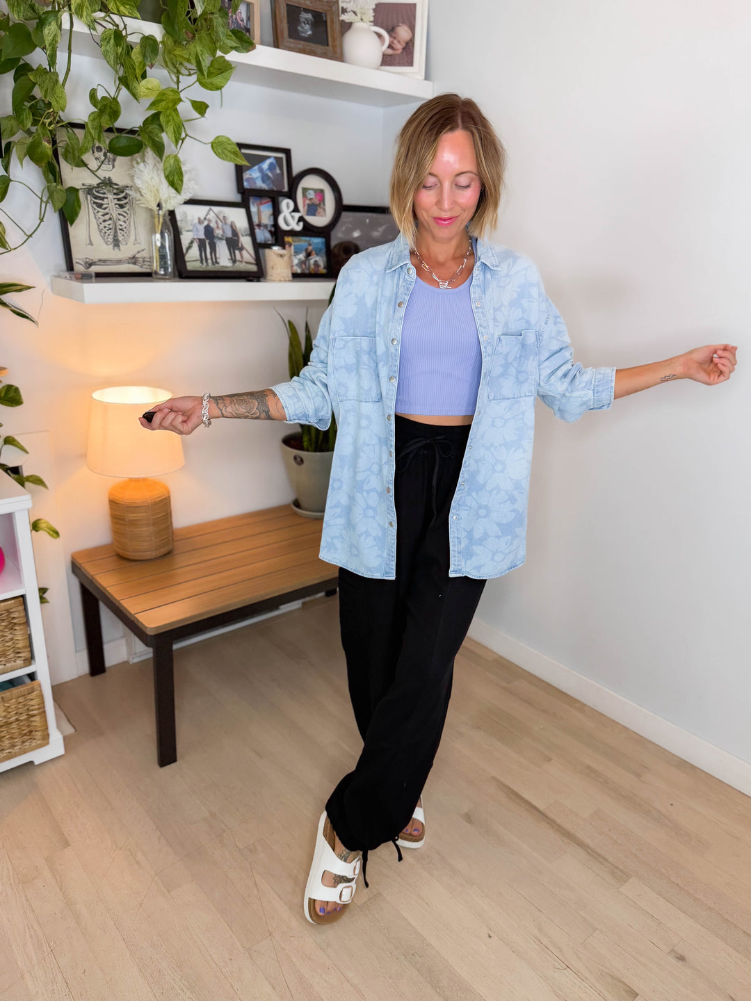 Risen Peachy Keen Floral Shirt- LIGHT WASH