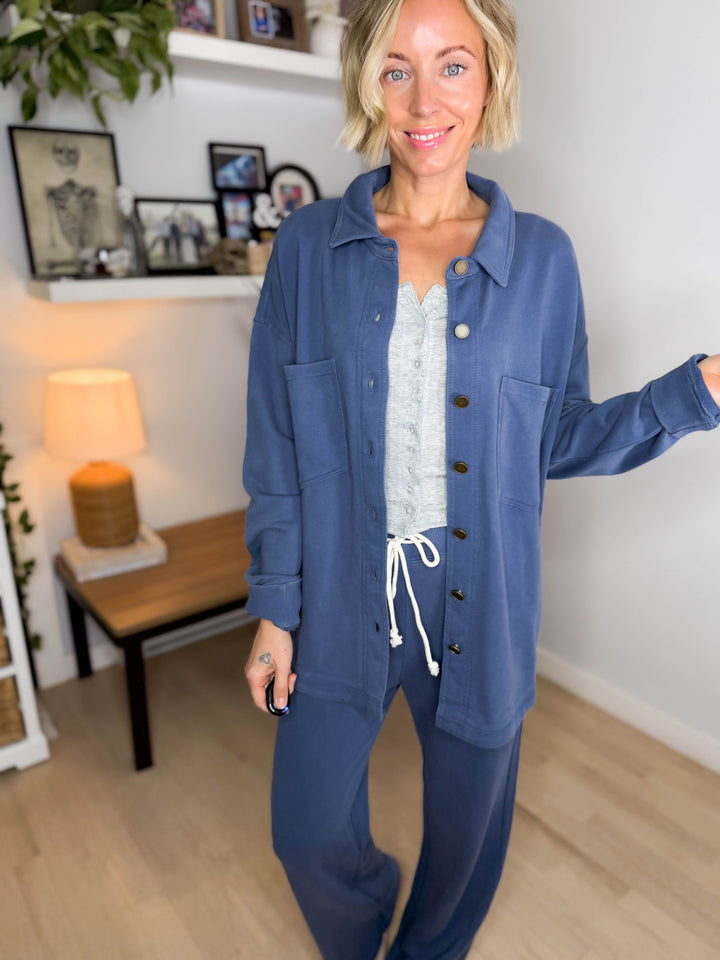 MONO B Sophia Salt Wash Cotton Shacket- OCEAN