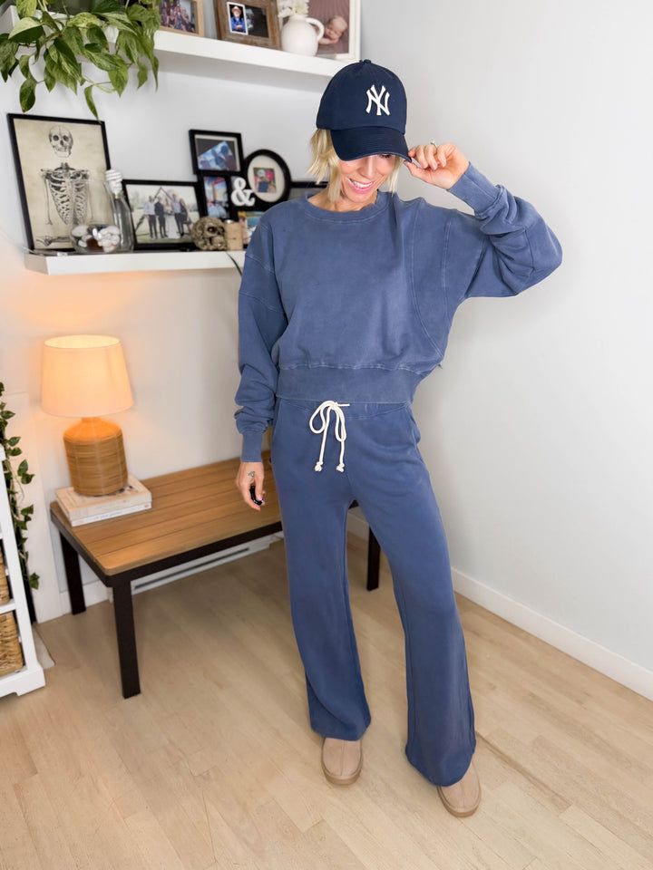 MONO B Sophia Salt Wash Cotton Cropped Sweatshirt- OCEAN