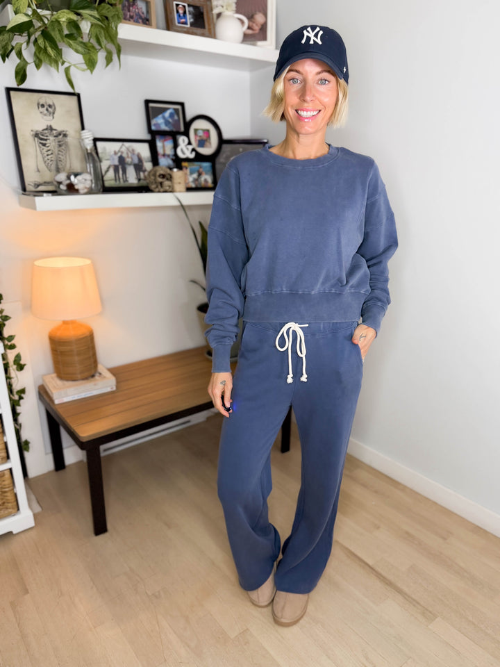 MONO B Sophia Salt Wash Cotton Cropped Sweatshirt- OCEAN