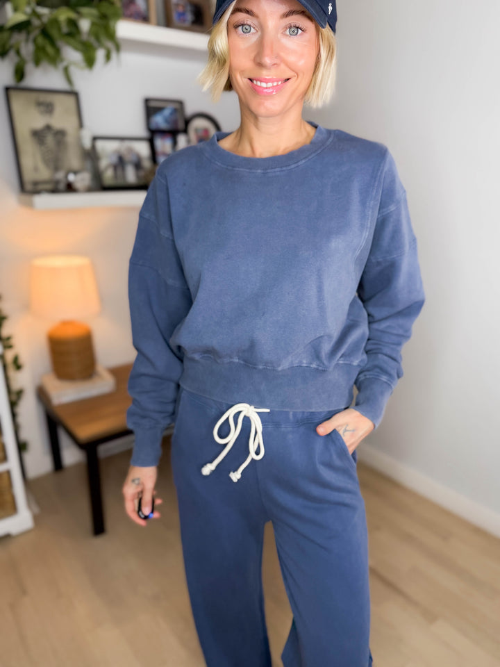 MONO B Sophia Salt Wash Cotton Cropped Sweatshirt- OCEAN