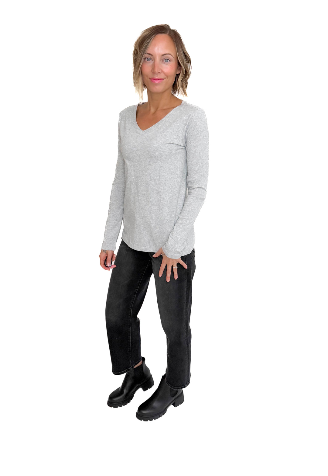 Sharon Stretch Cotton Long Sleeve- HEATHER GREY