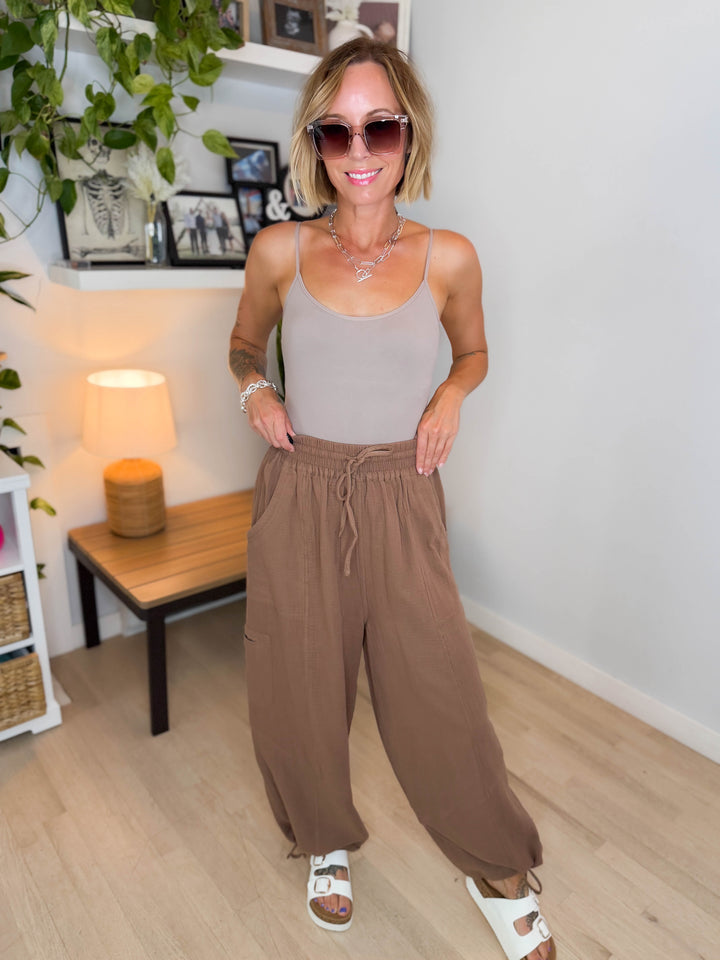 Goldie Cotton Gauze Harem Jogger- LATTE