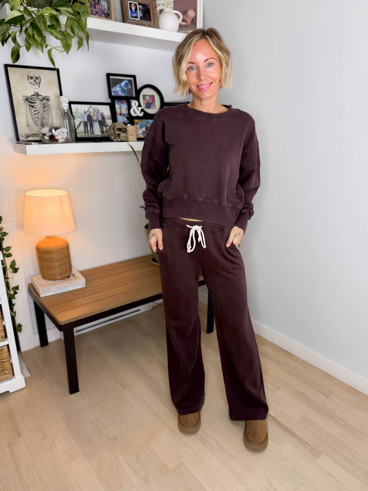 MONO B Sophia Salt Wash Cotton Straight Leg Pants- COFFEE BEAN