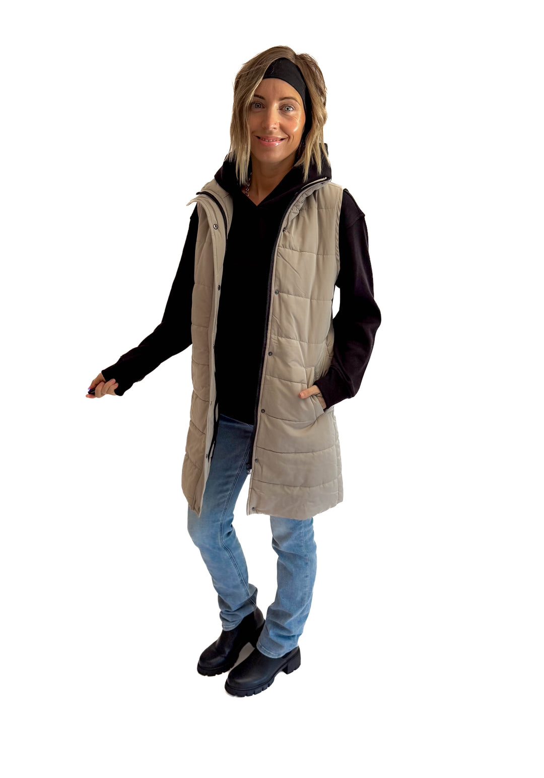 MICHELLE MAE Harlow Cling-Free Longline Vest- LATTE