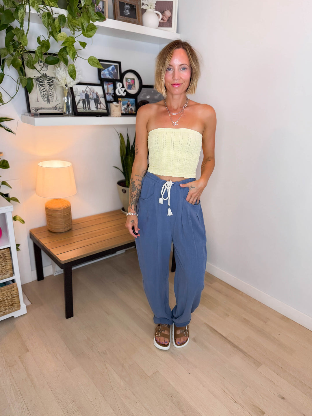 Shania Linen Blend Barrel Pant- DENIM BLUE