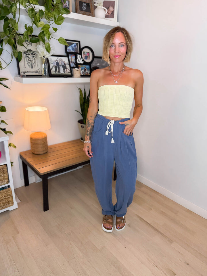 Shania Linen Blend Barrel Pant- DENIM BLUE