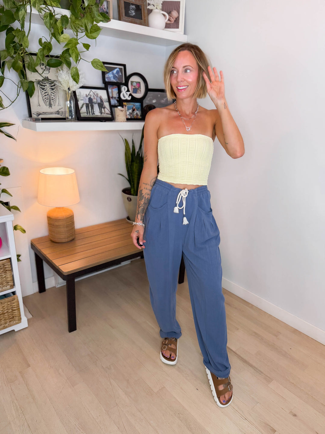 Shania Linen Blend Barrel Pant- DENIM BLUE
