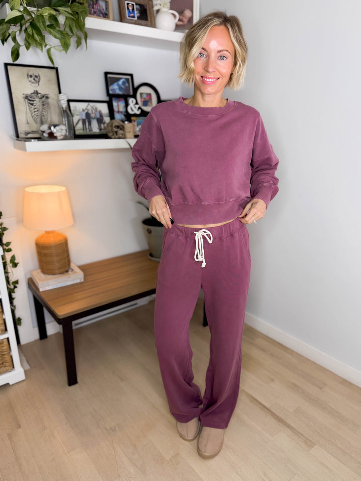 MONO B Sophia Salt Wash Cotton Cropped Sweatshirt- ROSEWOOD