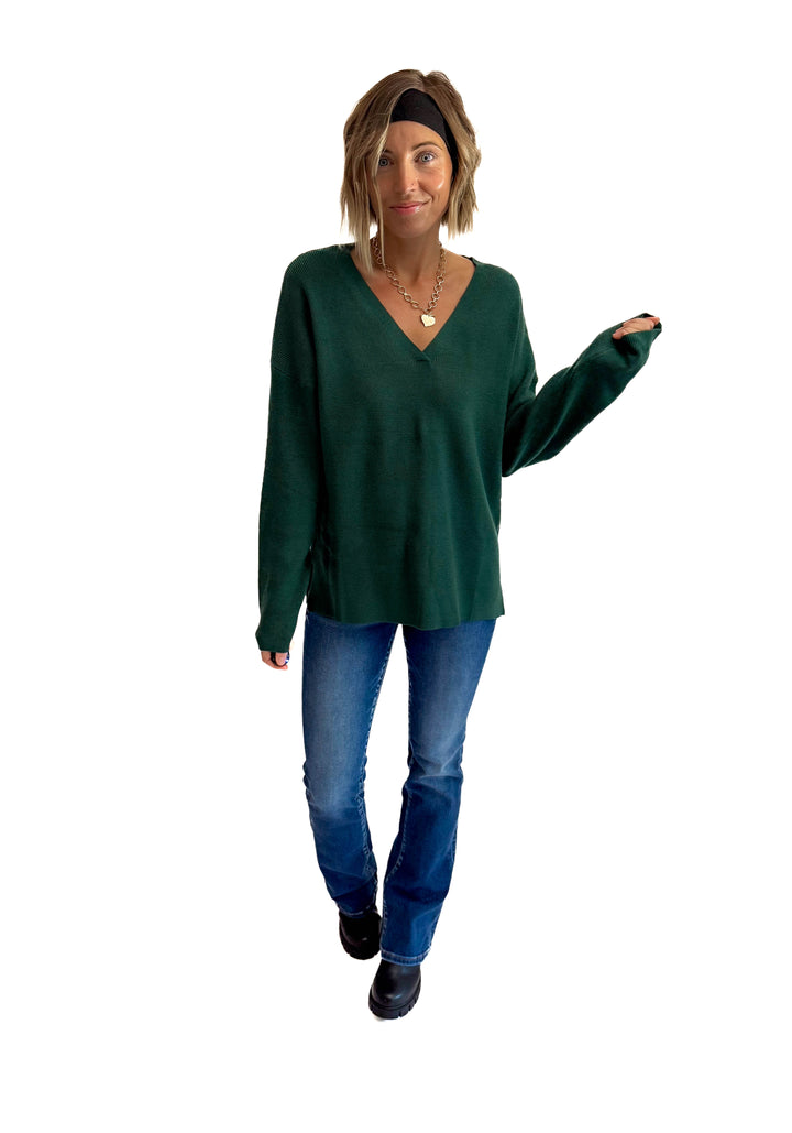 Jillian Knit V-Neck Drop Shoulder Sweater- TEAL GREEN