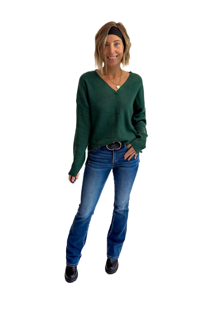 Jillian Knit V-Neck Drop Shoulder Sweater- TEAL GREEN