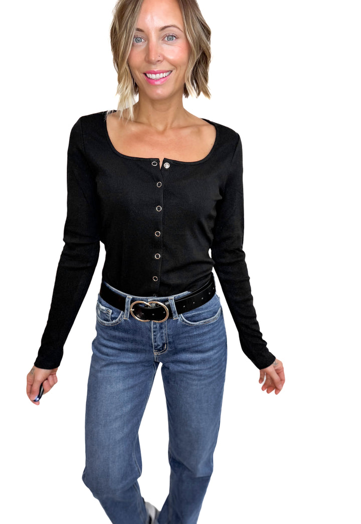 Jayda Long Sleeve Snap Button Cardigan- BLACK