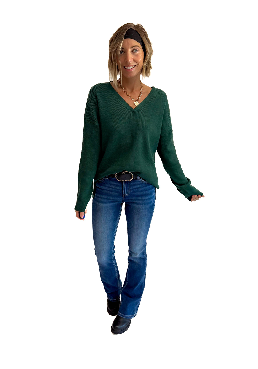 Jillian Knit V-Neck Drop Shoulder Sweater- TEAL GREEN