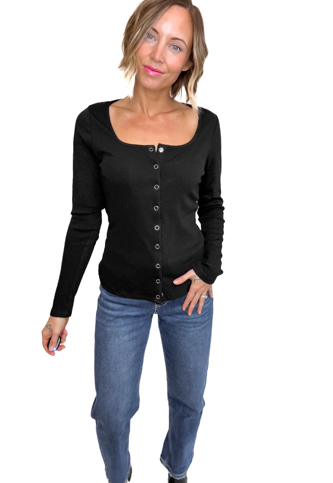 Jayda Long Sleeve Snap Button Cardigan- BLACK