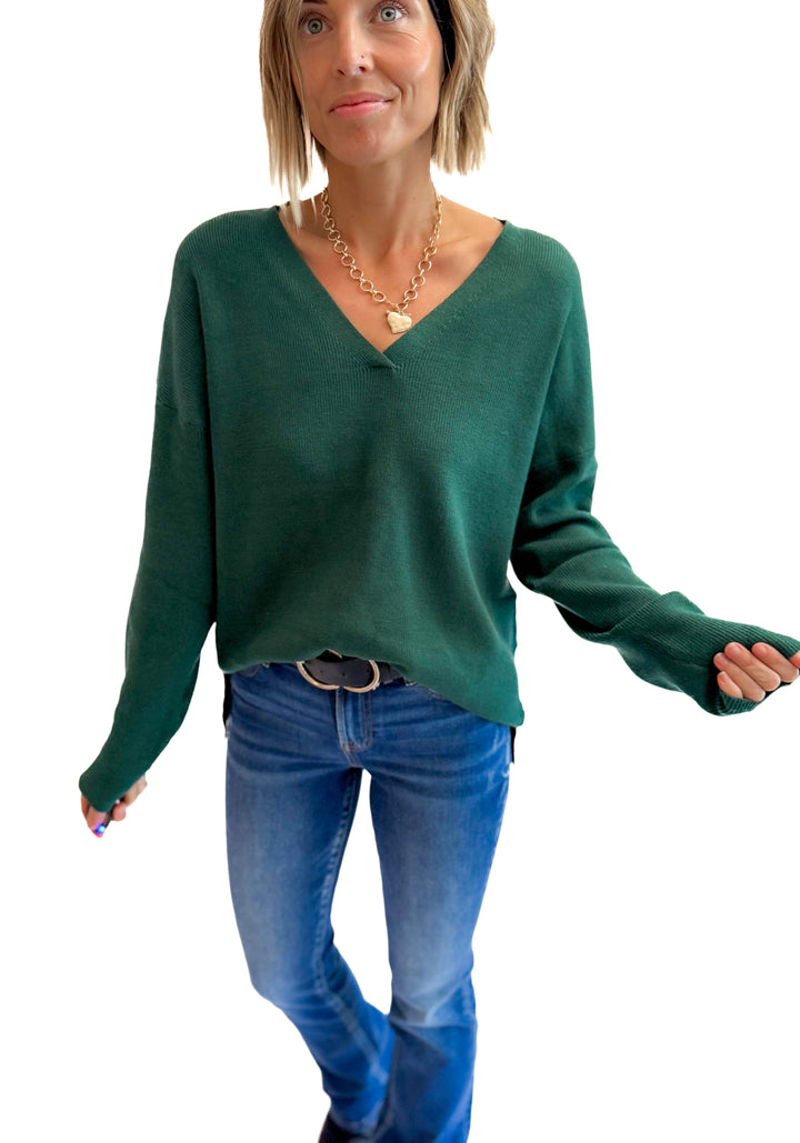 Jillian Knit V-Neck Drop Shoulder Sweater- TEAL GREEN
