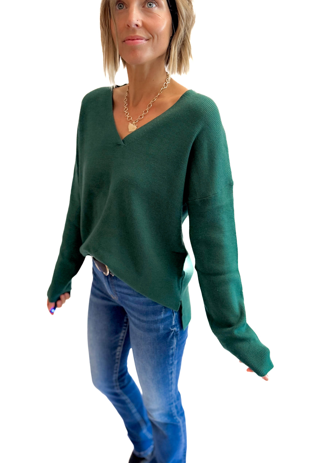 Jillian Knit V-Neck Drop Shoulder Sweater- TEAL GREEN