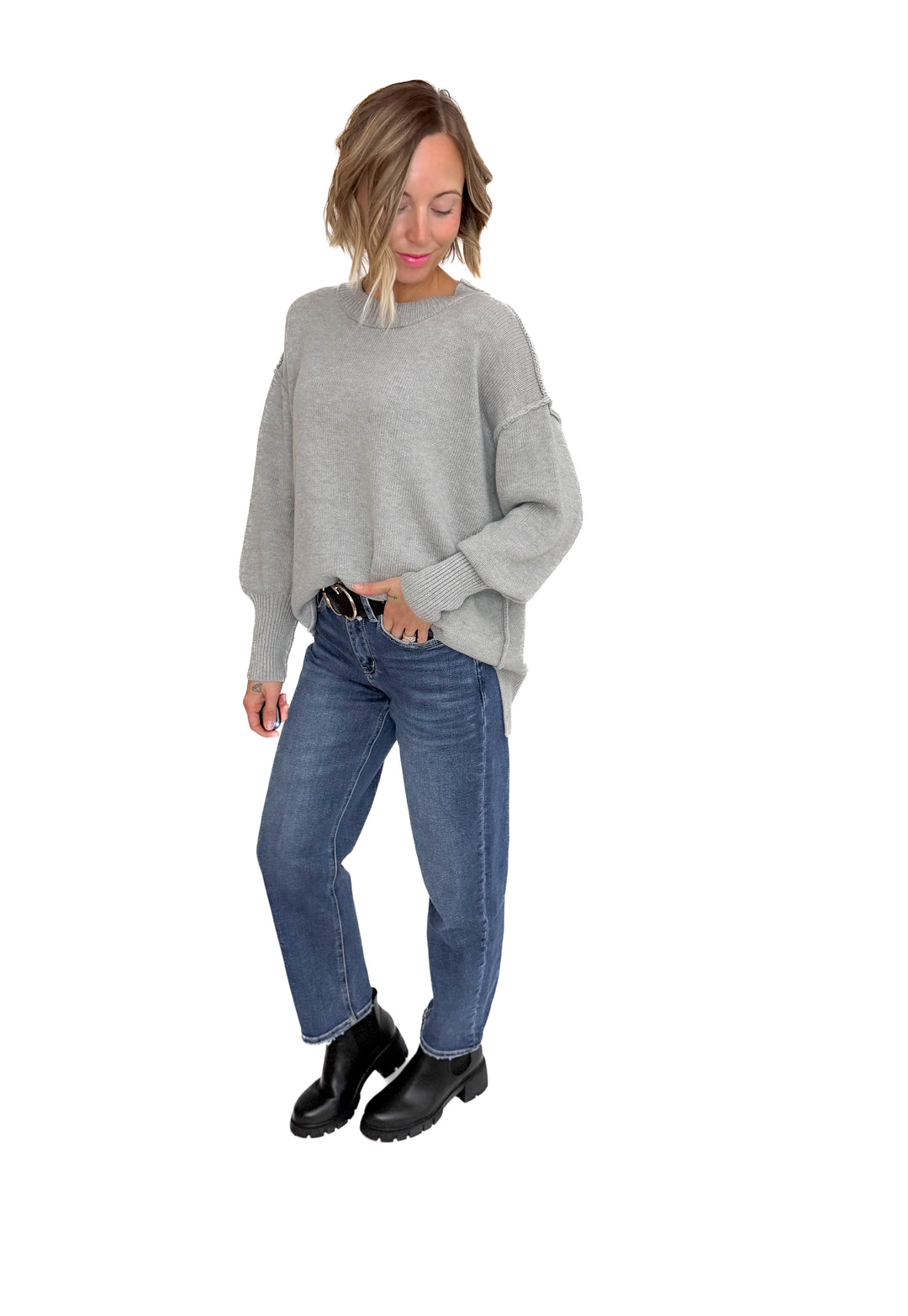 Katie Classic Crewneck Knit Sweater-- HEATHER GREY
