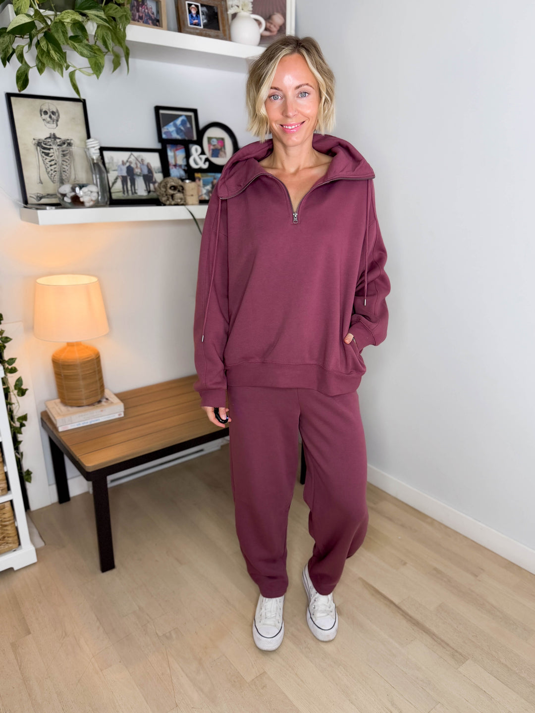 MONO B Lakeside Fleece Half Zip Pullover- ROSEWOOD
