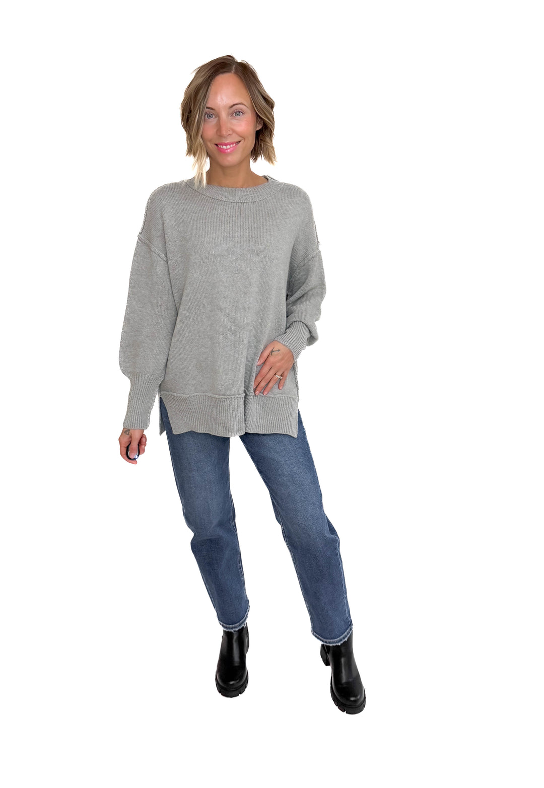 Katie Classic Crewneck Knit Sweater-- HEATHER GREY