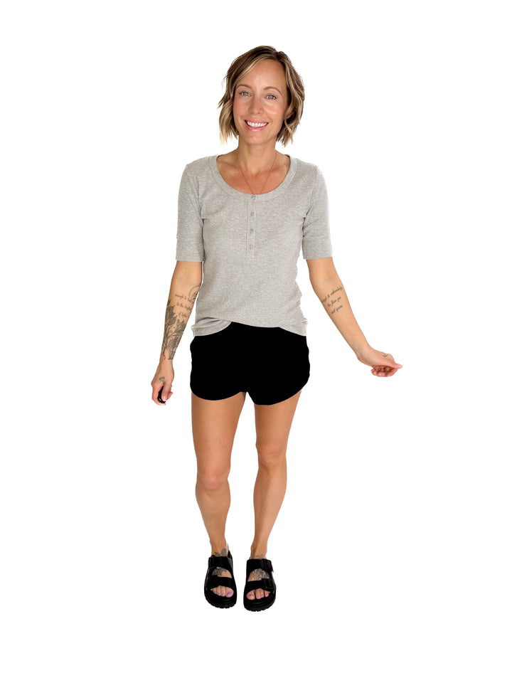 Melissa Ribbed 1/2 Sleeve Henley Top- HEATHER GREY