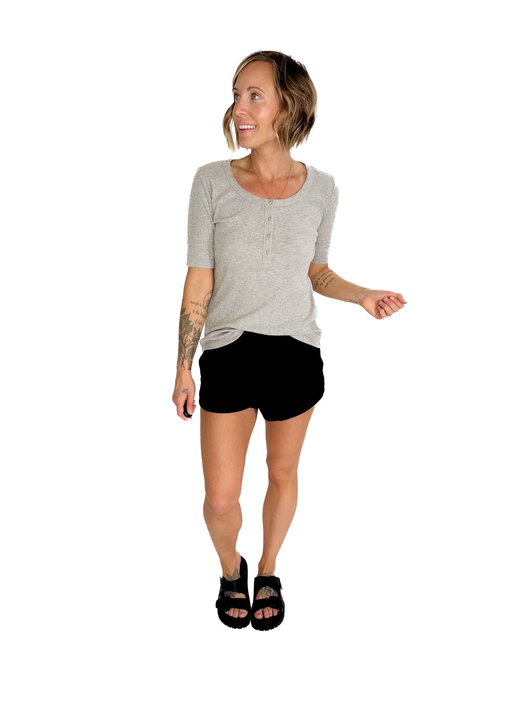 Melissa Ribbed 1/2 Sleeve Henley Top- HEATHER GREY